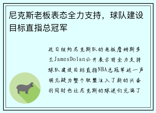 尼克斯老板表态全力支持，球队建设目标直指总冠军
