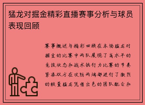 猛龙对掘金精彩直播赛事分析与球员表现回顾